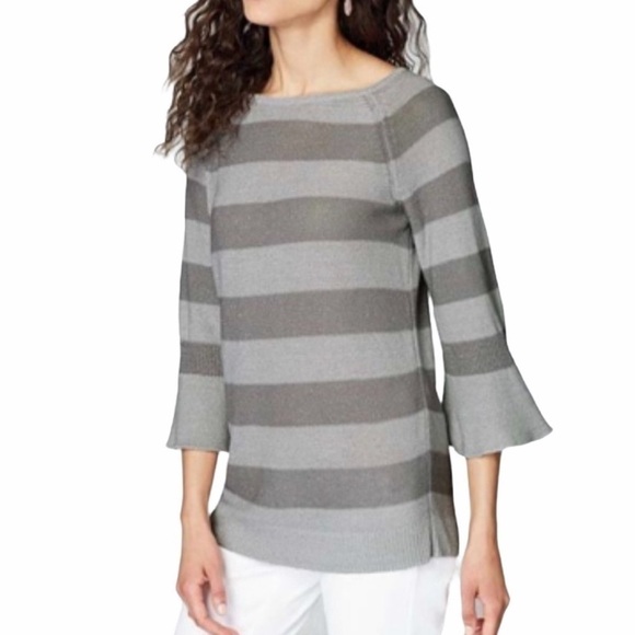 NWT J Jill Zinc & Smoke Linen Blend Gray Striped 3/4 Bell Sleeve Sweater Large - Picture 1 of 14
